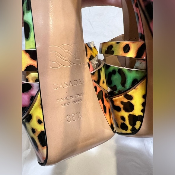 NEW CASADEI FLORA Leopard Colorful Patent Leather Platform Sandal Heels EU 38.5 - Picture 7 of 13